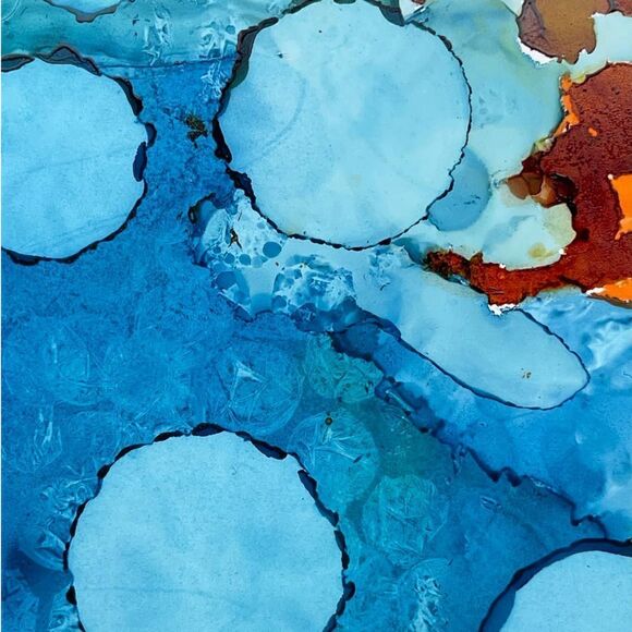 Handmade Alcohol Paint "Flower in the Morning Frost" Blue, Green, Orange - Picture 4 of 6